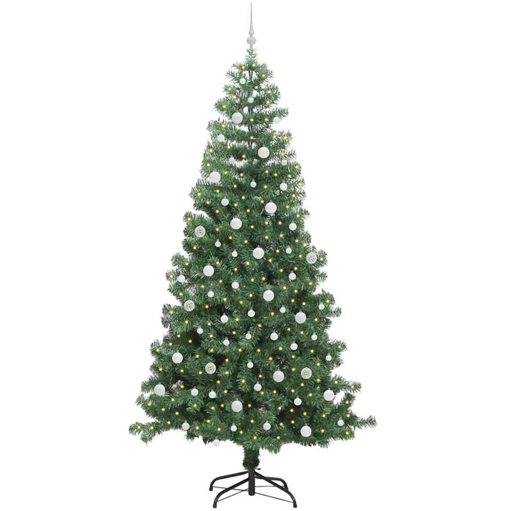 vidaXL Pre-Lit White Baubles Green Artificial Christmas Tree 8ft Image 1