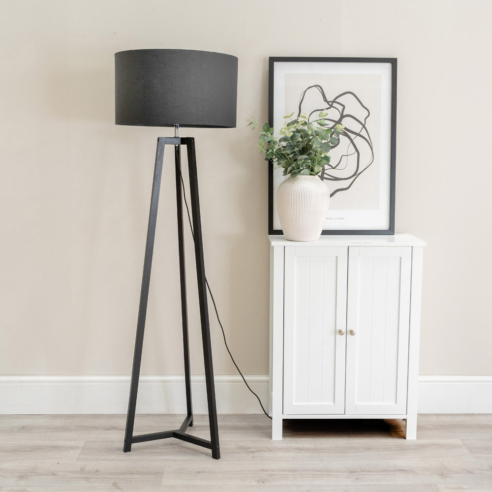 ValueLights Lottie Charcoal Fabric Drum Shade Black Wood Tripod LED Floor Lamp Image 3