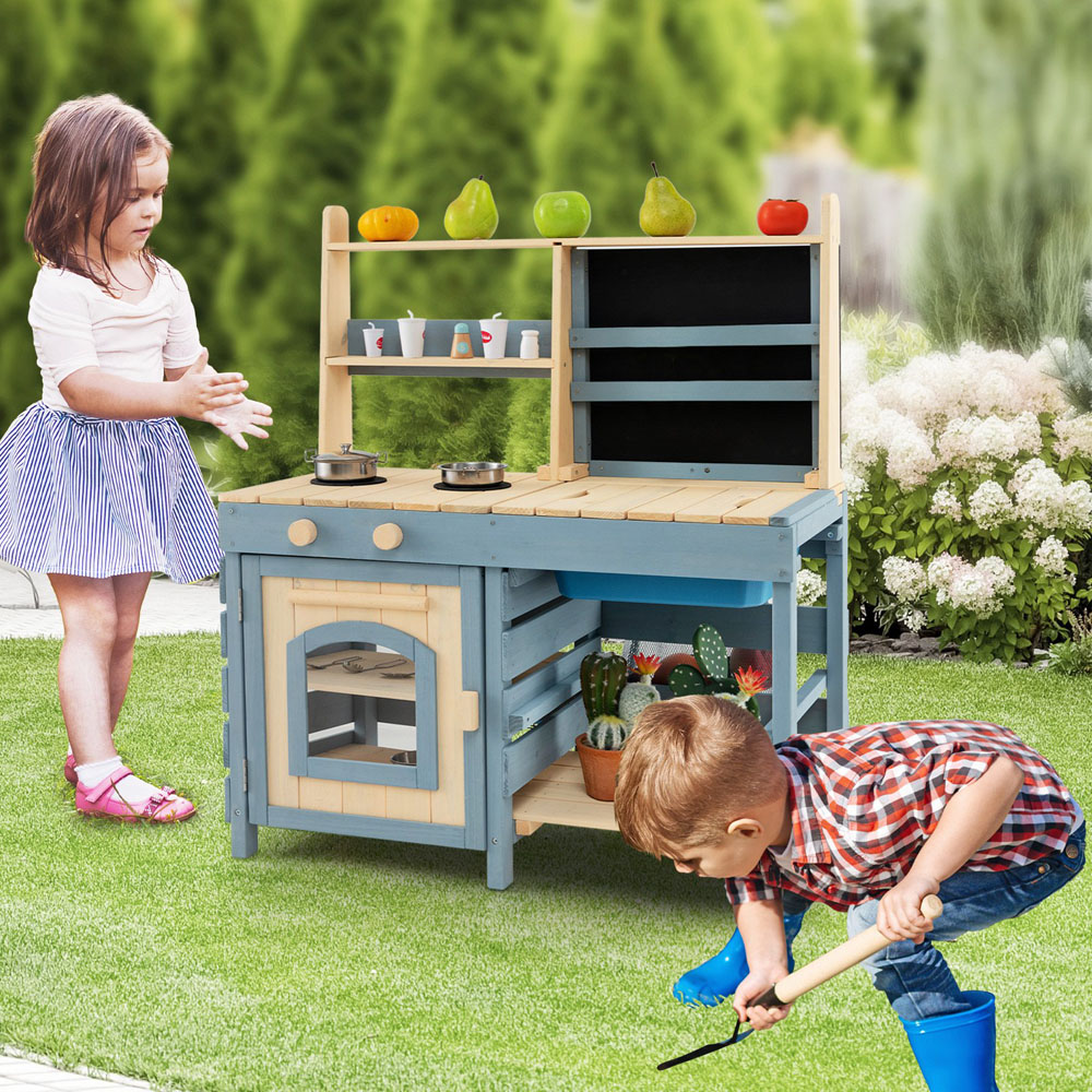 Costway 2-in-1 Kids Outdoor Mud Kitchen with Metal Baskets and Storage Bag Image 2