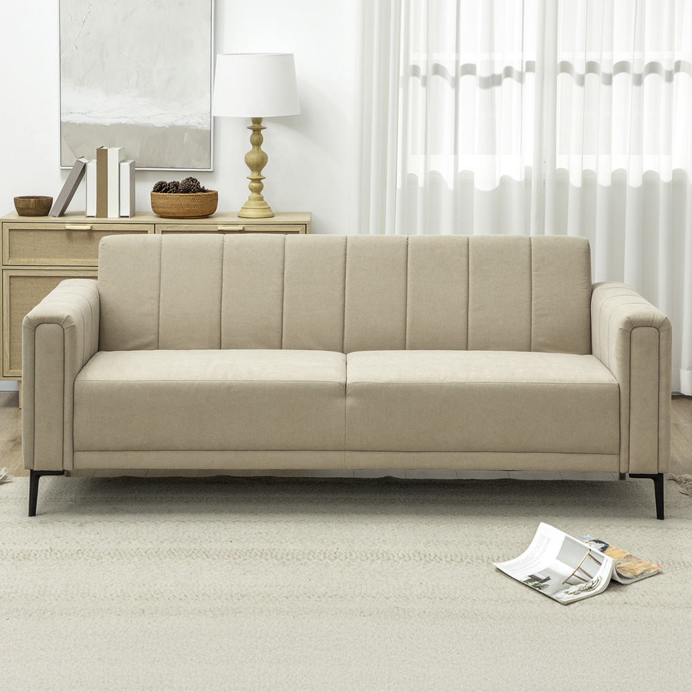 HOMCOM 3 Seater Khaki Modern Fabric Channel Tufted Sofa Image 1