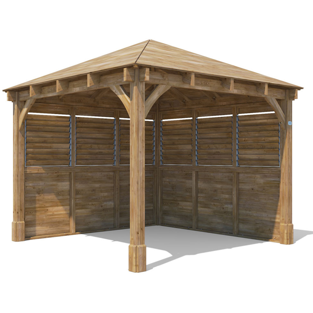 Dunster House Leviathan 3 x 3m Brown Louvre Wall Garden Gazebo with Heavy Duty Roof Shingles Image 2