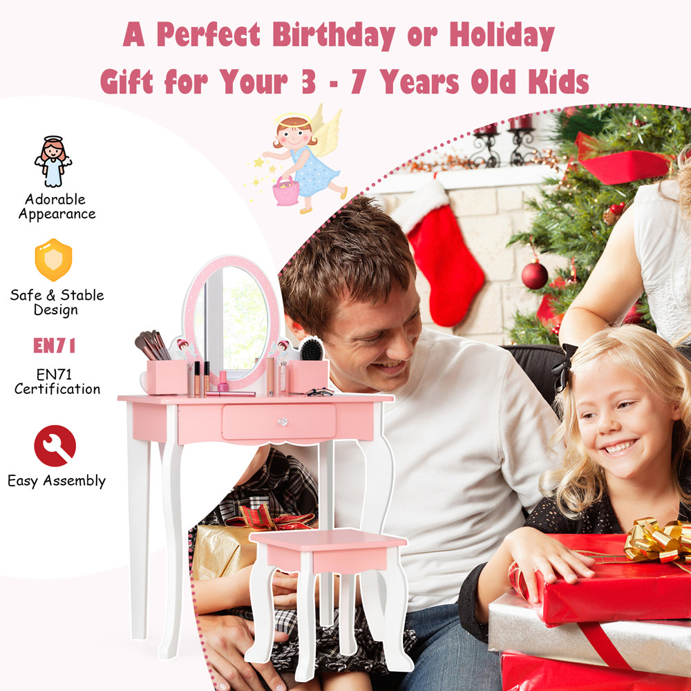 Costway Single Drawer Kids Pink Dressing Table and Stool Set with Mirror Image 4