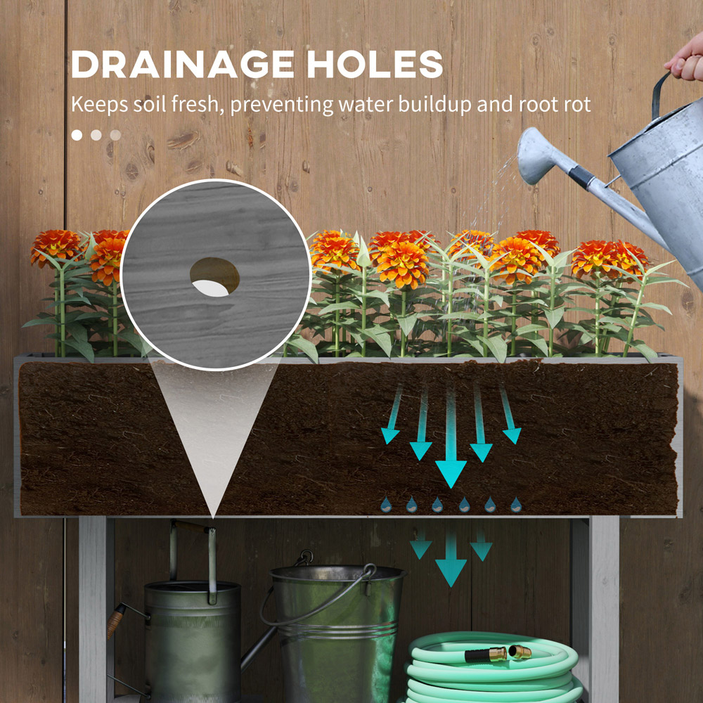 Outsunny Grey Wooden Raised Garden Bed with Bed Liner and Storage Shelf Image 5