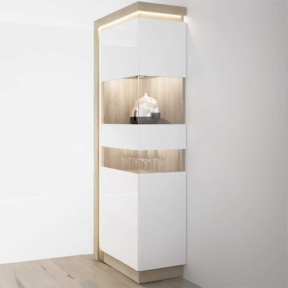 Florence Lyon Single Door Riviera Oak and White Display Cabinet with LED Lighting Image 1