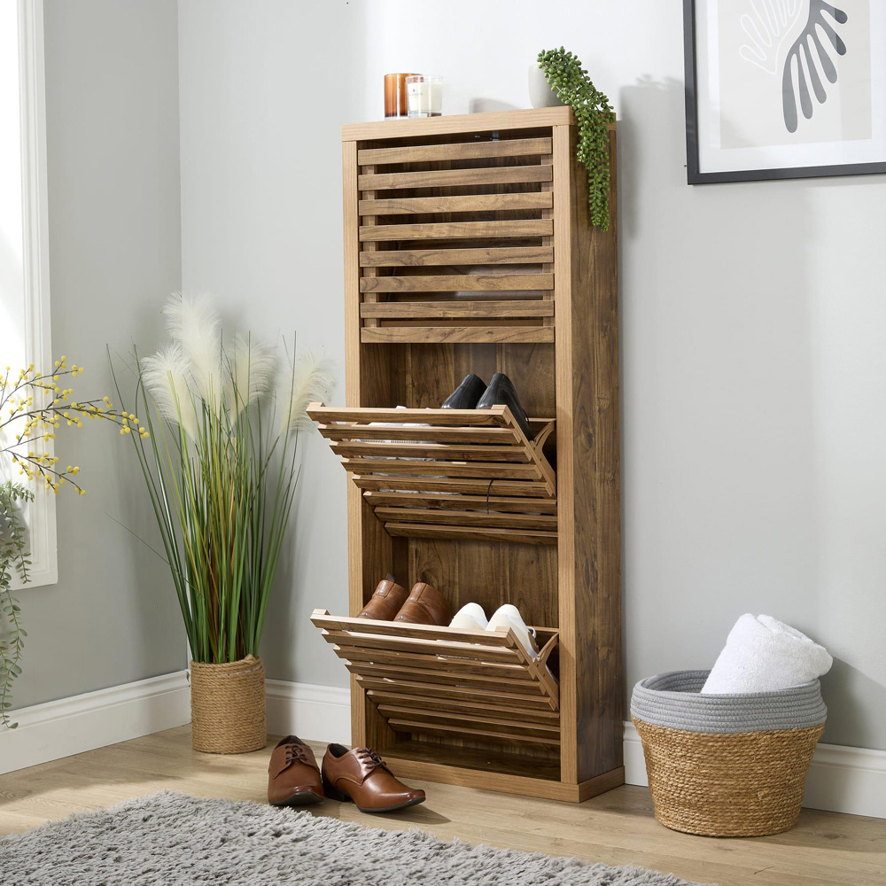 Home Source Luna 3 Flip Down Door Oak Slatted Shoe Cabinet Image 8