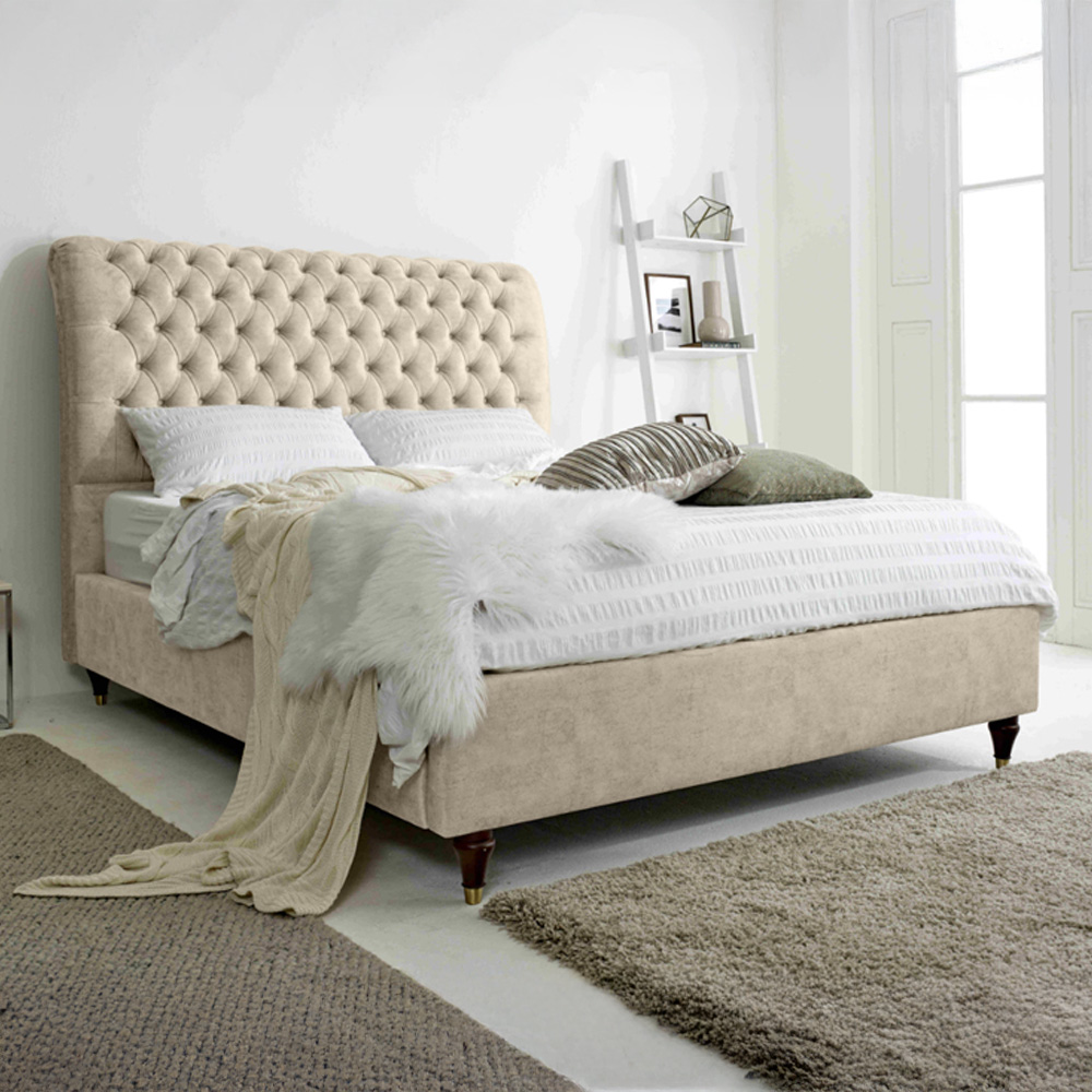 Eleganza Alisyn Single Oatmeal Marble Fabric Bed Frame with Sleigh Headboard Image 1