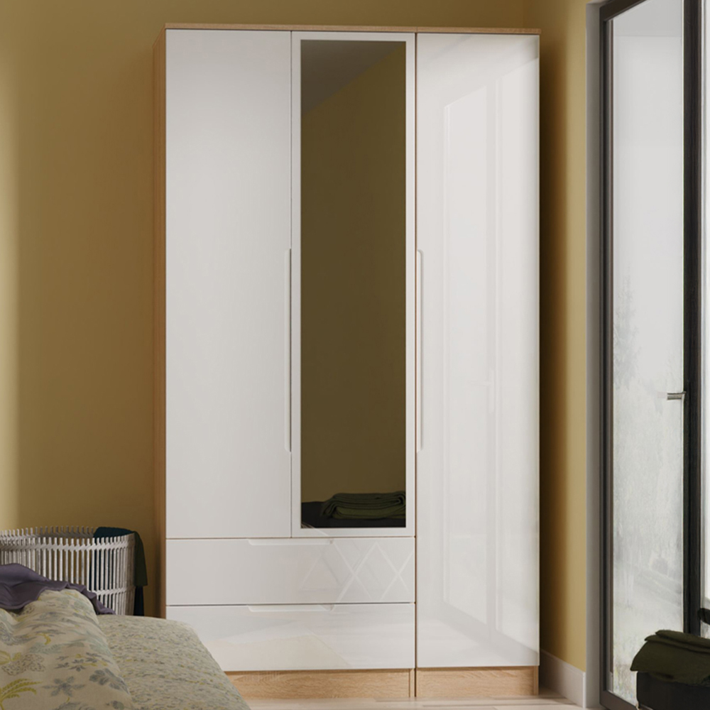 Crowndale Milan 3 Door 2 Drawer White Gloss Bardolino Oak Tall Mirrored Wardrobe Ready Assembled Image 1
