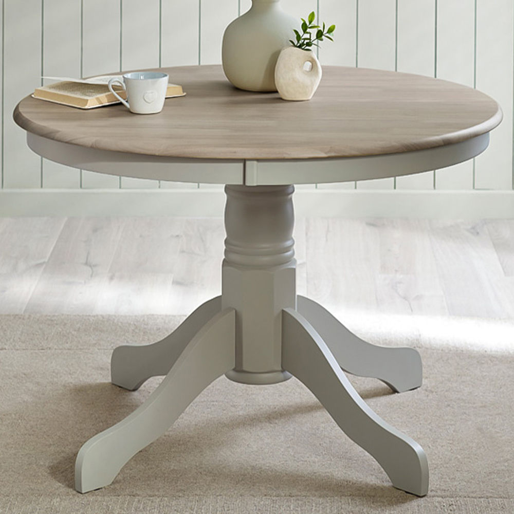 Furniturebox Bodmin 4 Seater Round Wooden Dining Table Whitewashed and Light Grey Image 1