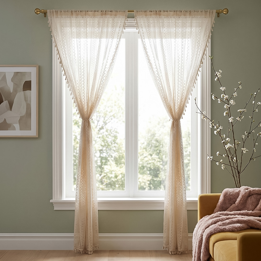 Living and Home 2-Piece Beige Lace Curtain Set 147 x 243.5cm Image 1
