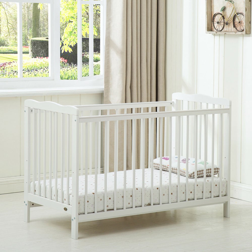 wilko Brooklyn White Height Adjustable Wooden Baby Cot Crib with Mattress Image 4