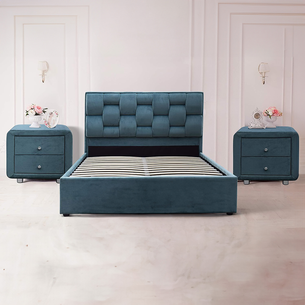 Brooklyn Blue Plush Velvet 3 Piece Bedroom Furniture Set Image 1