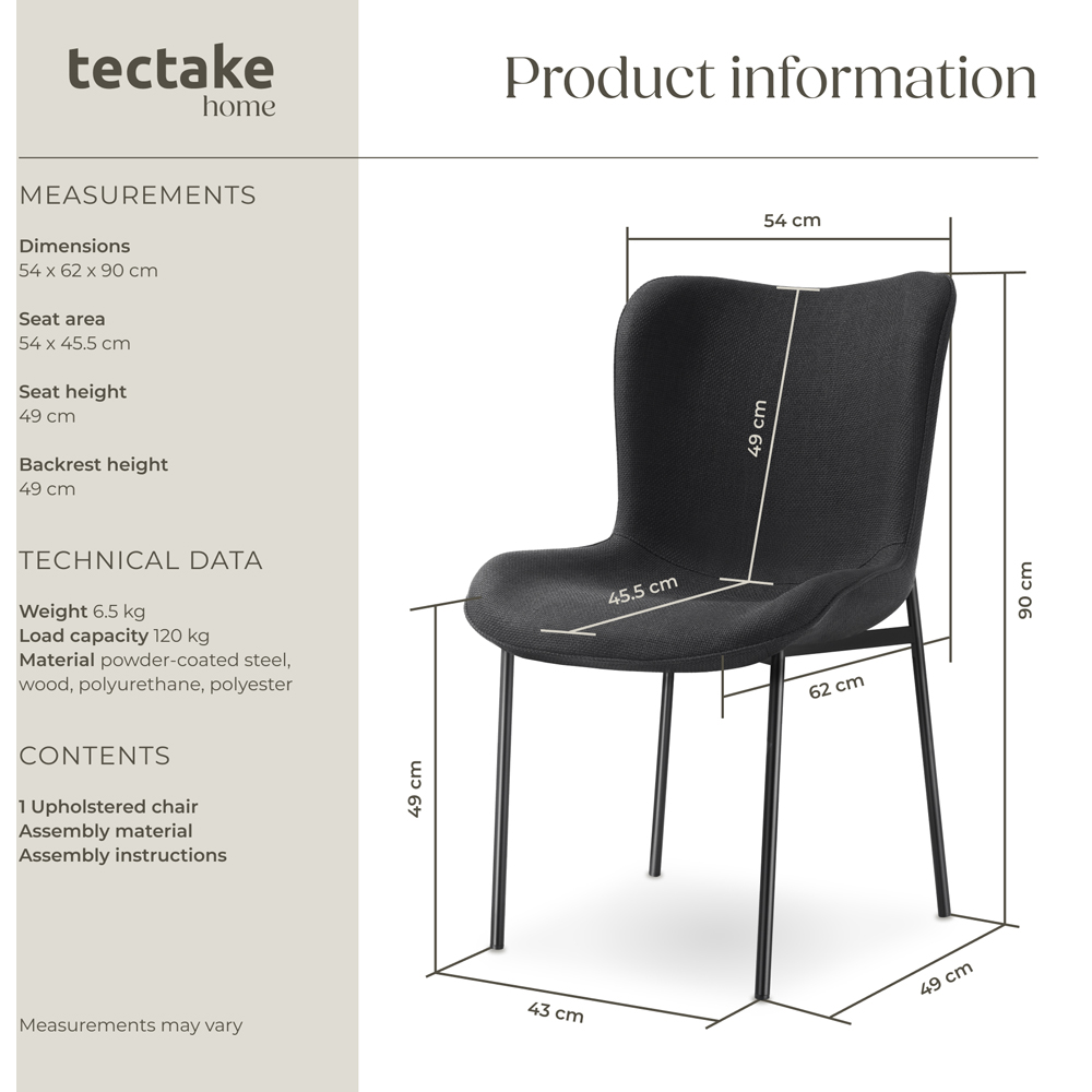 tectake Tessa Black Woven Fabric Padded Dining Chair Image 9