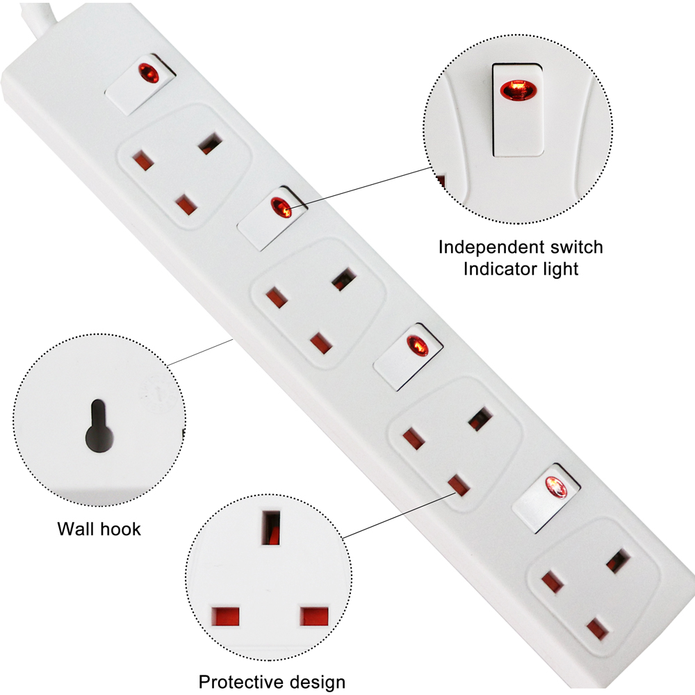 ExtraStar 13A 5m 4 Socket Child Resistant White Extension Lead with Indicate Light and Individual Switch Image 3