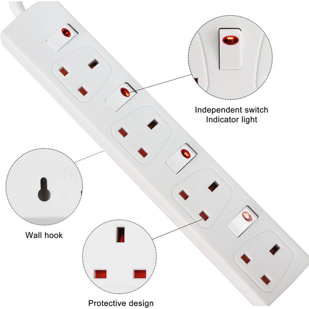 ExtraStar 13A 2m 4 Socket Child Resistant Extension Lead with Indicate Light and Individual Switch Image 3