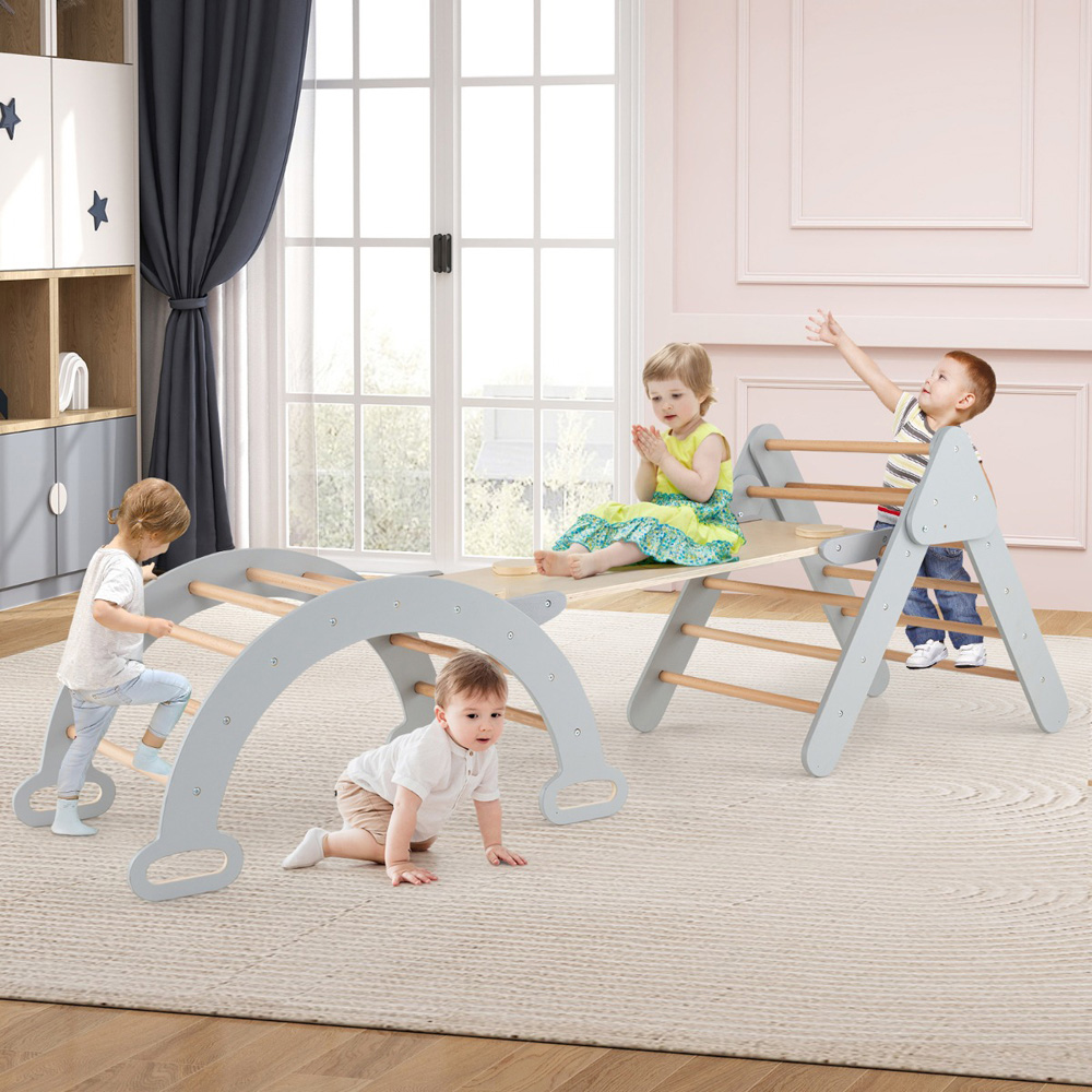 Costway 5-in-1 Kids Grey Triangle Climbing Toy with Arch Ramp Image 2