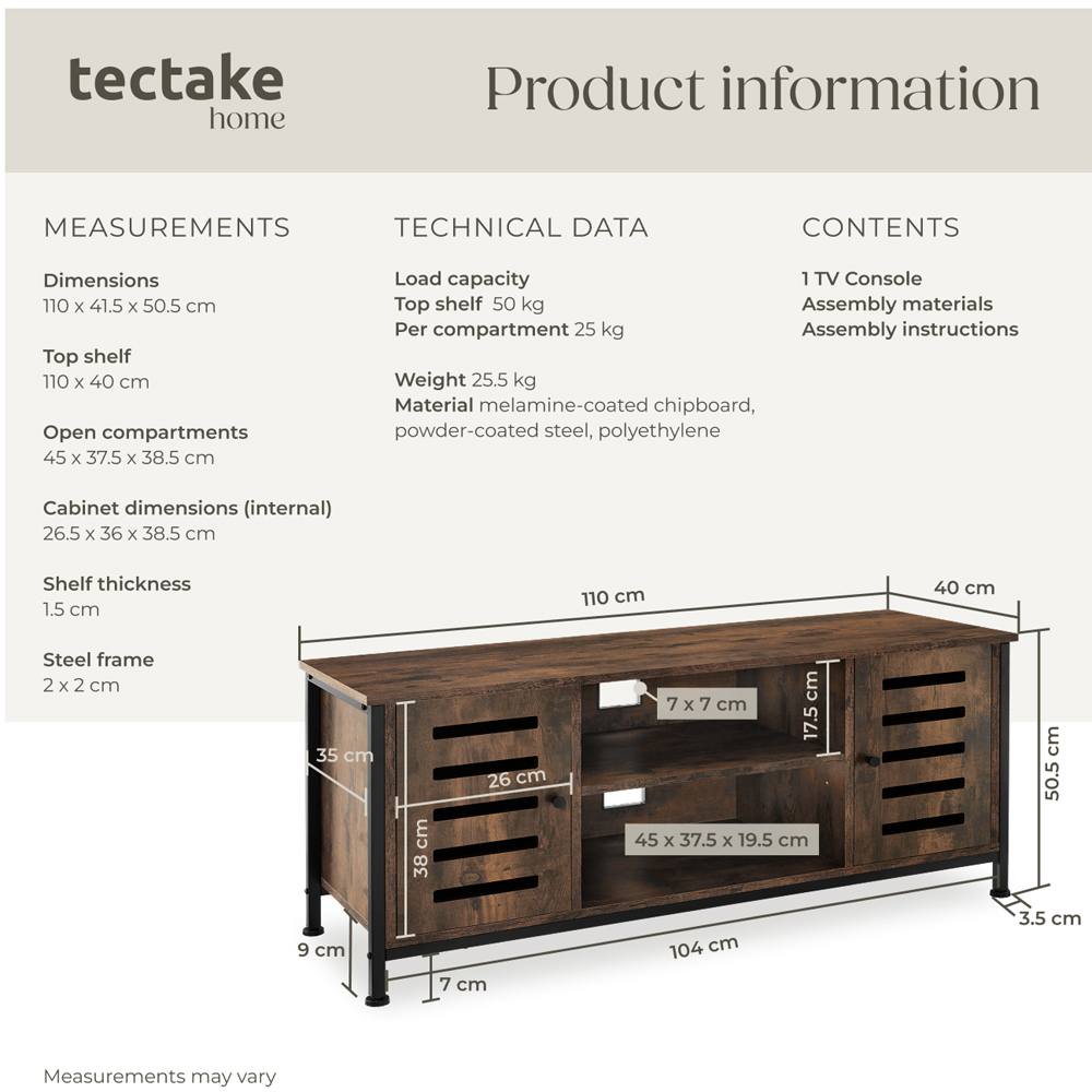 Tectake Carlow 2 Door 2 Shelf Rustic Dark Wood TV Stand Image 9