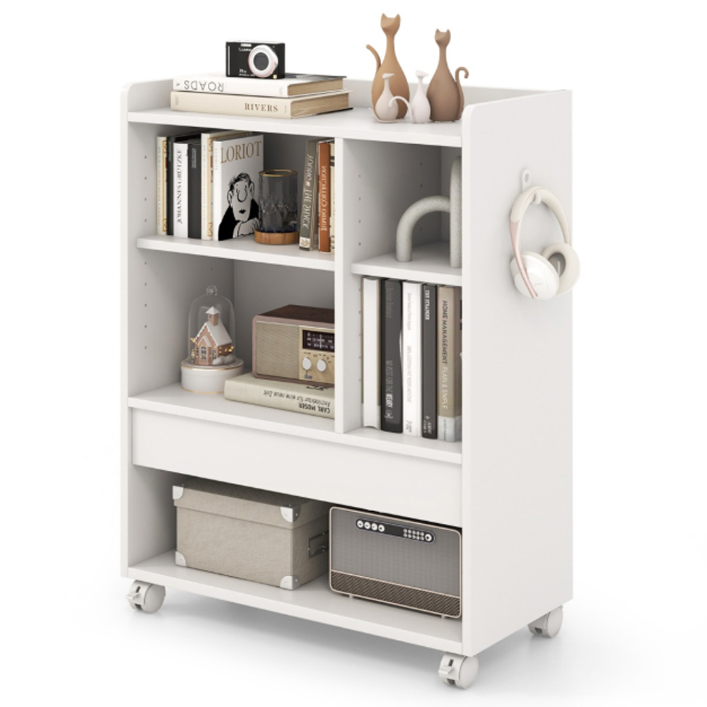 Costway Single Drawer 6 Shelf White Mobile Storage Cabinet with Hooks Image 4