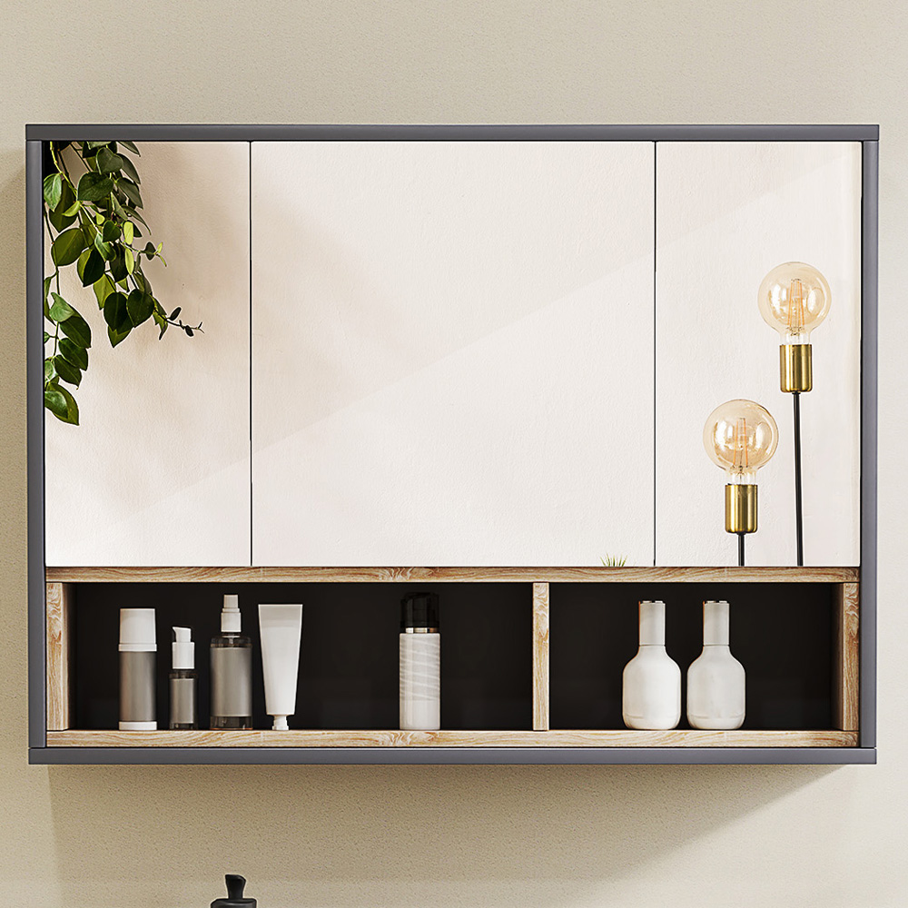 Portland 3 Door 2 Shelf Grey Wall-Mounted Mirrored Bathroom Storage Cabinet Image 1