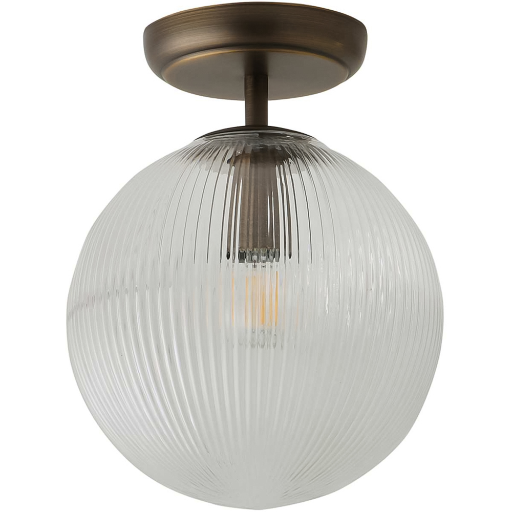 ValueLights Kempton Brushed Brass Ribbed Globe Shade Flush Ceiling Light with Bulb Image 1