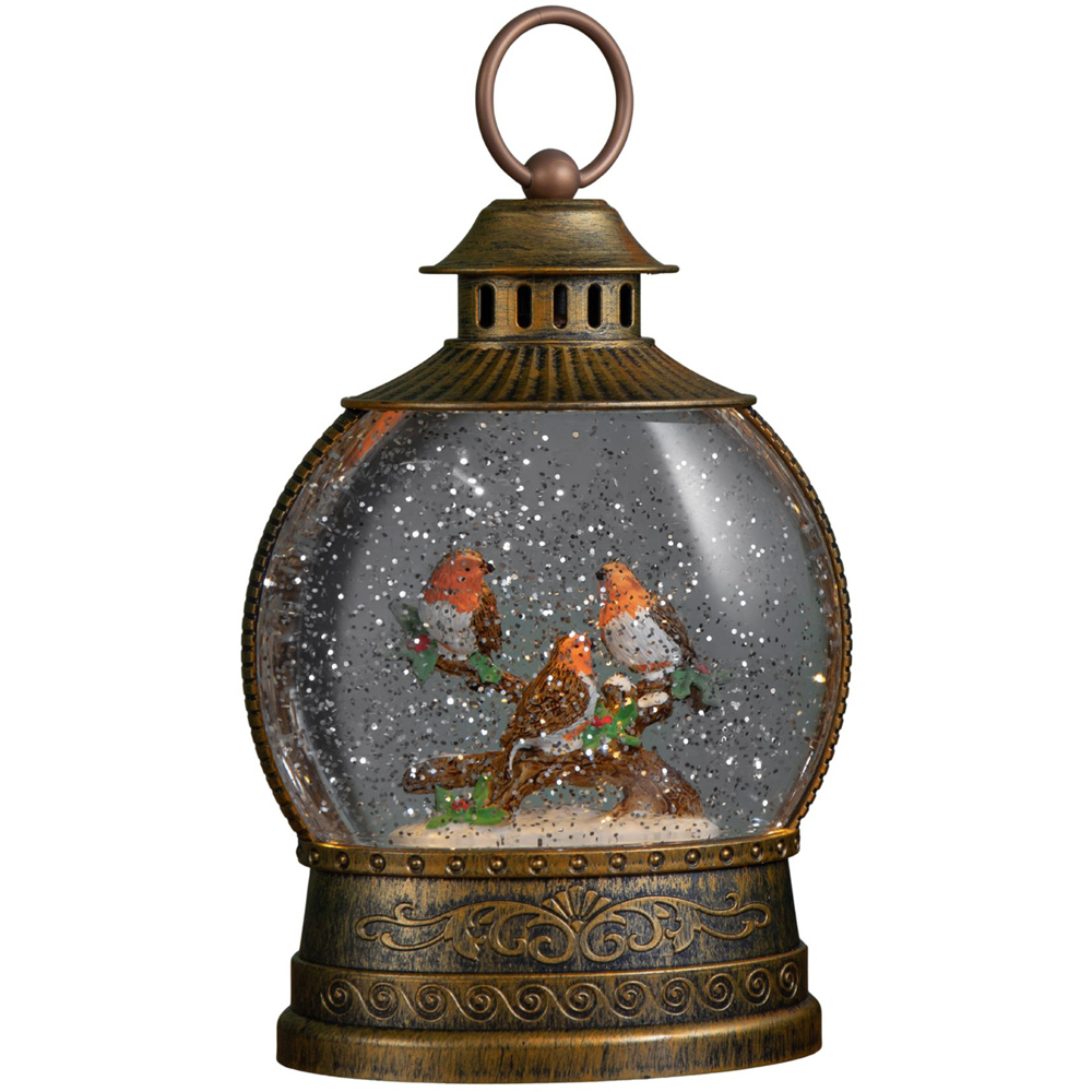 Samuel Alexander Warm White LED Antique Gold Christmas Robin Water Spinner Lantern 22cm Image