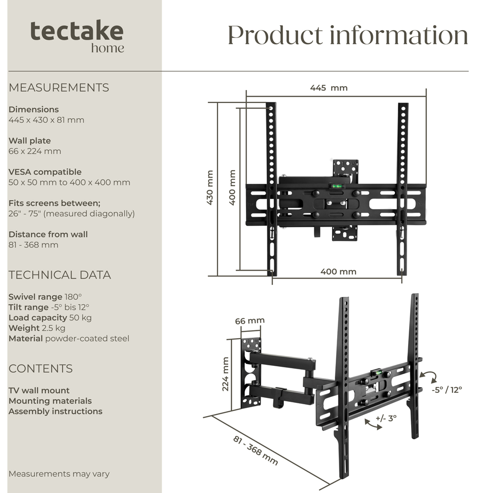 tectake 26 to 75 inch Extendable Tilt Swivel TV Bracket Image 8