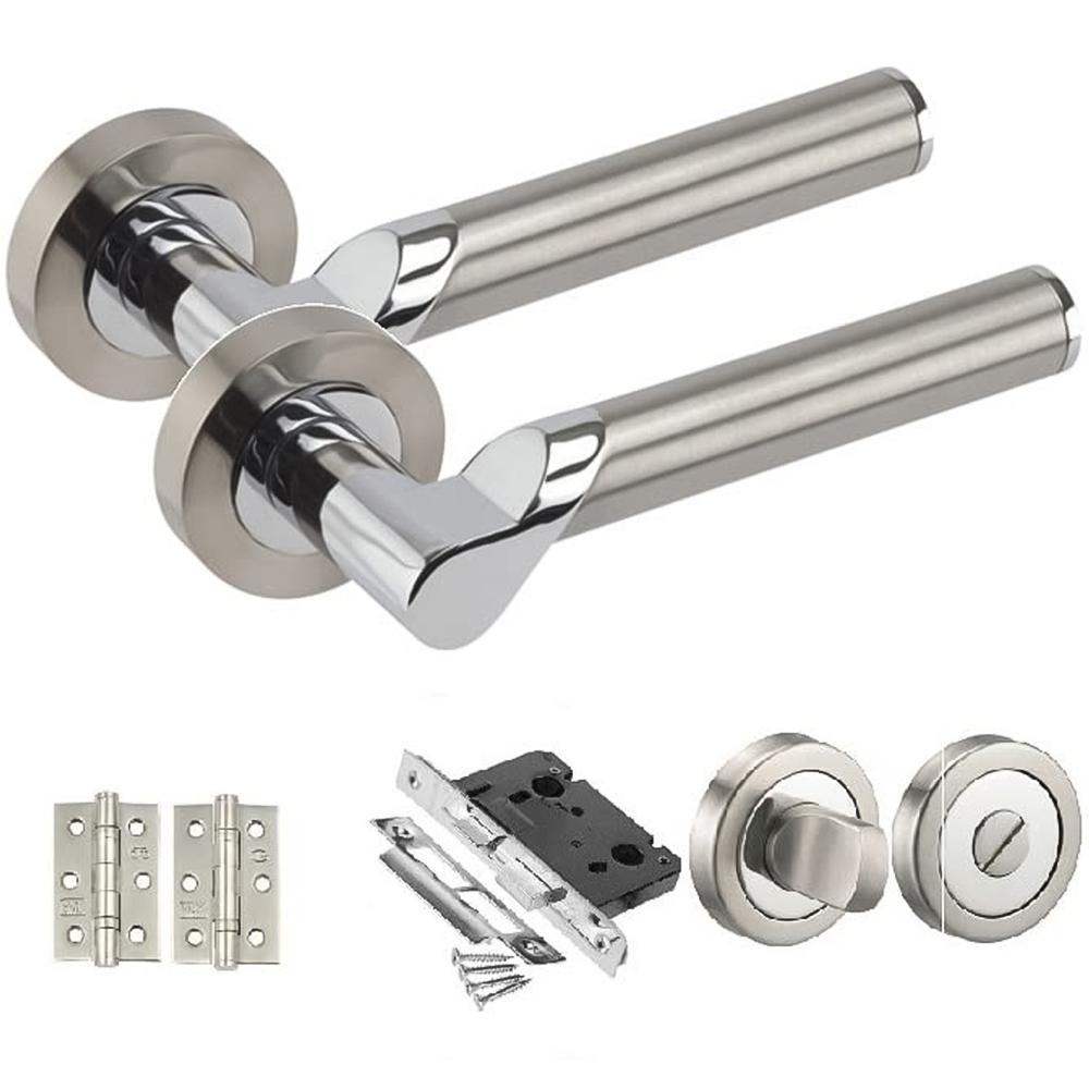 Golden Grace Satin Nickel and Polished Chrome Titan Modern Bathroom Door Handle Image 1