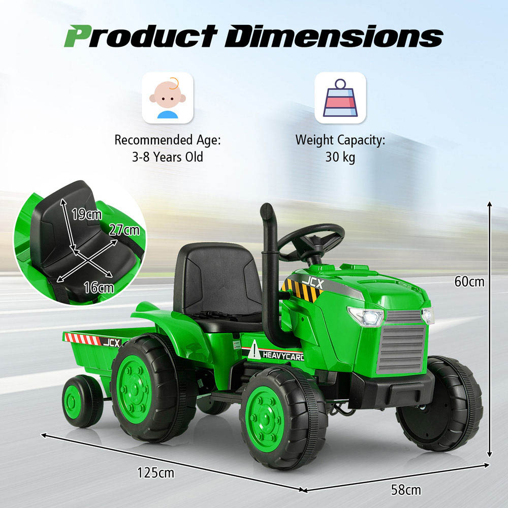 Costway Kids Green Ride On Tractor with Trailer and Remote Control 12V Image 8