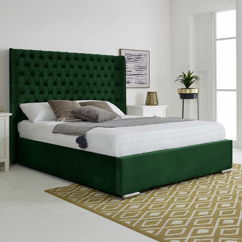 Eleganza Home Woodlake Single Green Plush Velvet Bed Frame with Chesterfield Headboard Image 1
