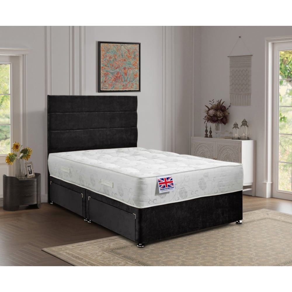 Eleganza Home Repose Single Black Plush Velvet 2 Drawer Divan Bed with Lined Headboard Image 2