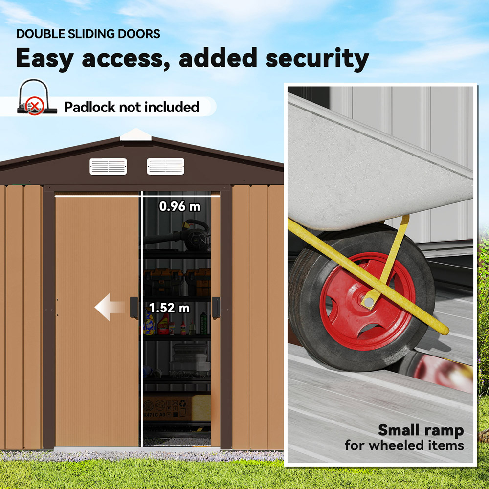 Outsunny 9 x 6ft Light Brown Metal Apex Garden Shed Image 4