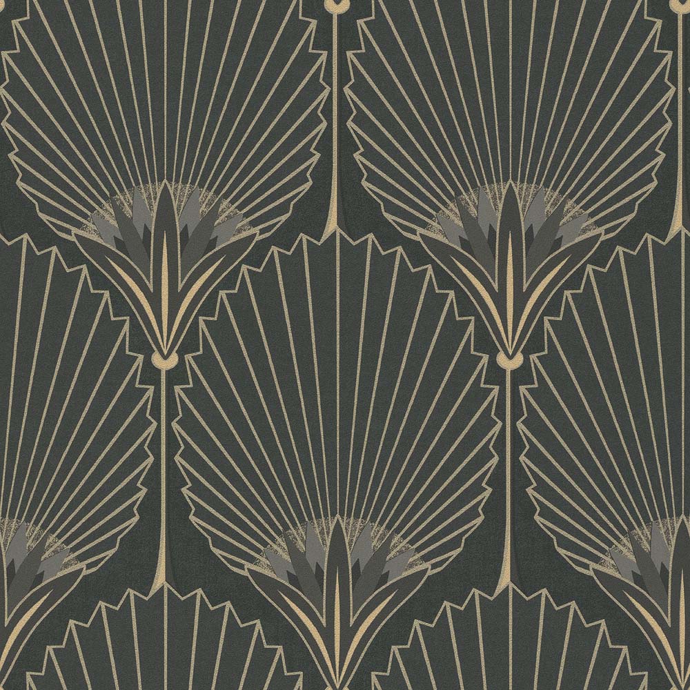 Grandeco Art Deco Nile Palm Black and Gold Textured Wallpaper Image 1