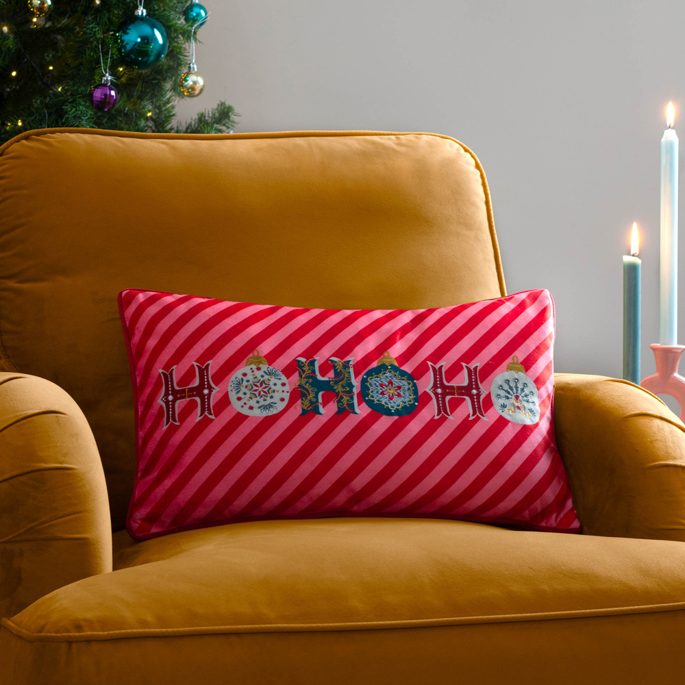 Evans Lichfield Christmas Red Ho Ho Ho Velvet Piped Reversible Cushion 30 x 50cm Image 6