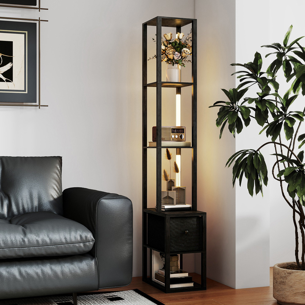 HOMCOM Single Drawer 4 Shelf Black LED Floor Lamp Image 4