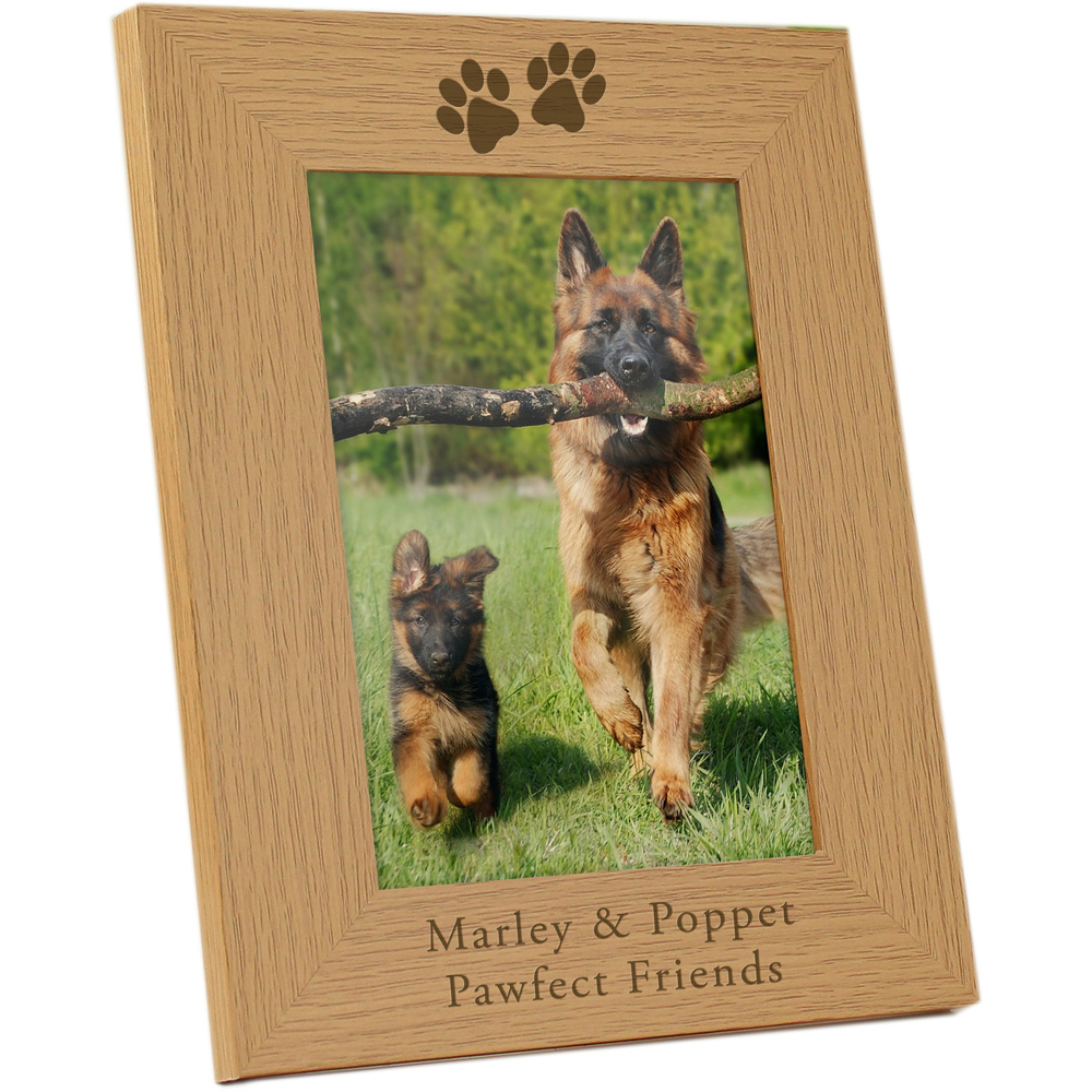 Personalised Memento Paw Prints Oak Finish Photo Frame 5 x 7 inch Image 1