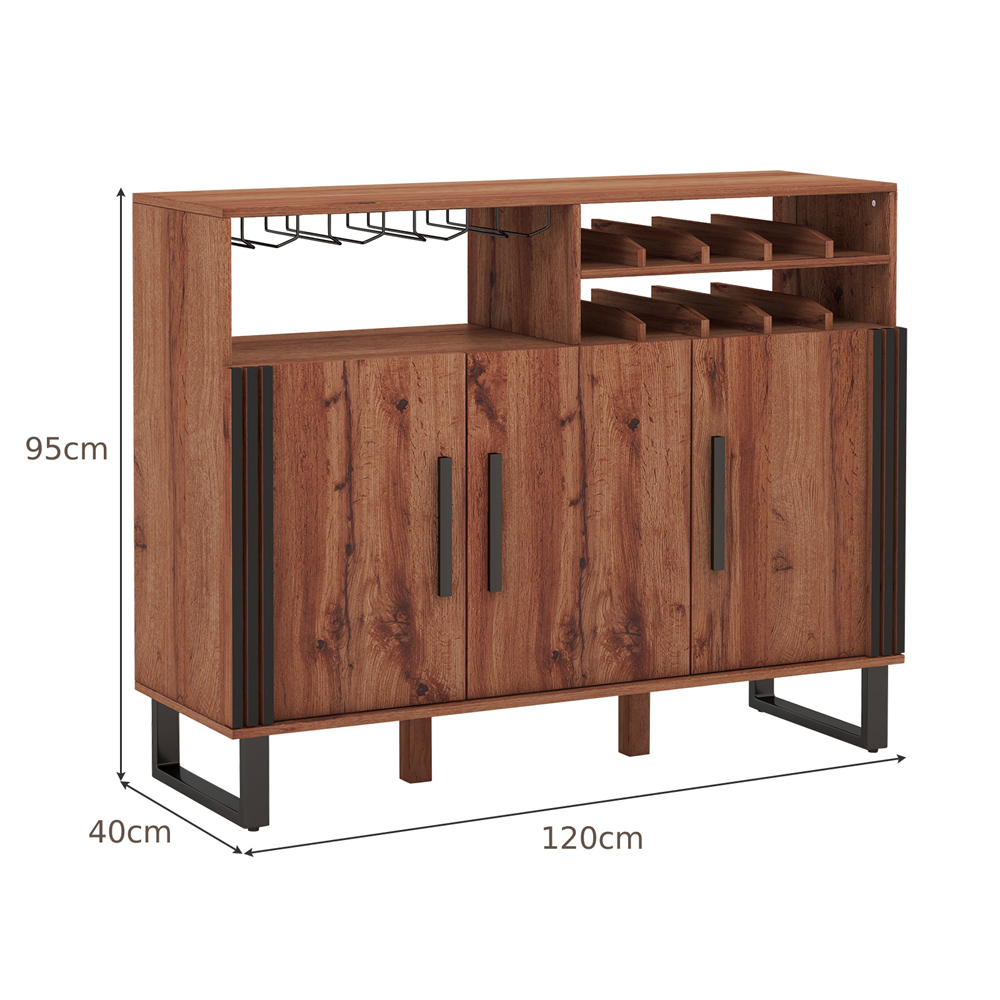 Costway 3 Door 10 Bottle Rustic Brown Home Wine Bar Cabinet with Glass Holder Image 9