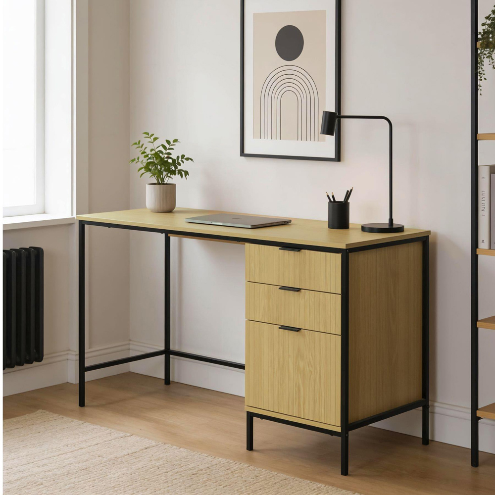 Home Source Wisbech 3 Drawer Black and Oak Effect Desk Image 6