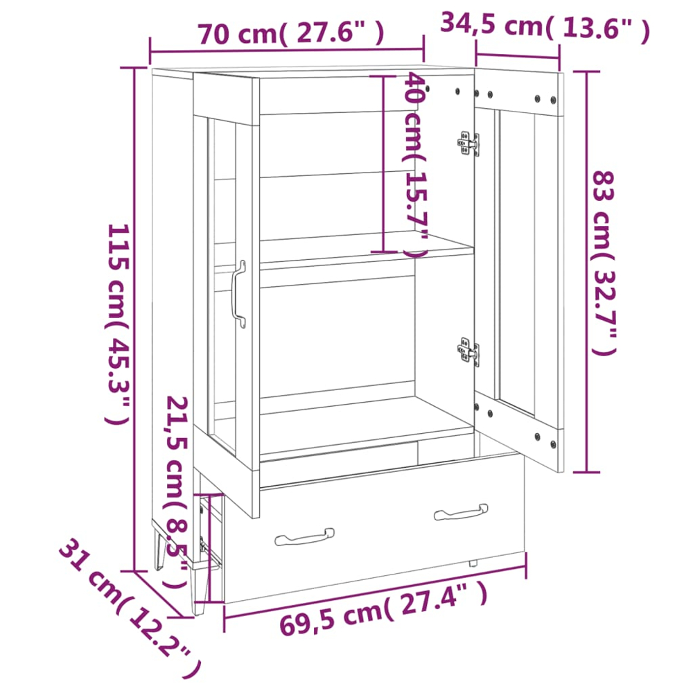 vidaXL 2 Glass Door Single Drawer Smoked Oak Highboard Image 9