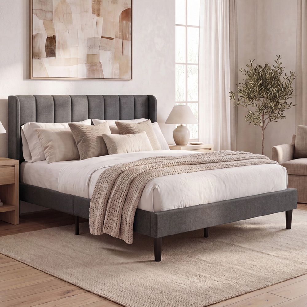 VIDA DESIGNS Vianna King Size Dark Grey Linen Fabric Bed with Memory Foam Bonnell Spring Mattress Image 1