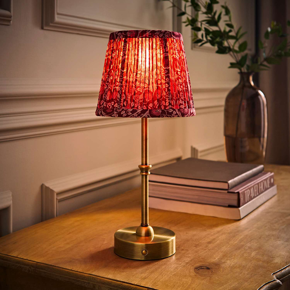 ValueLights Lowe Burgundy Floral Pleated Shade Gold Rechargeable Table Lamp with Bulb Image 2