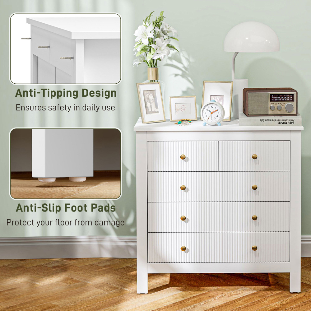 Portland 5 Drawer White Fluted Chest of Drawers with Gold Tone Handles Image 6