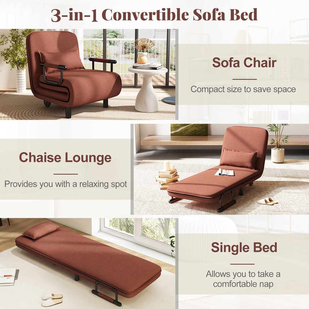 Costway Brown 3 in 1 Convertible Sofa Bed Image 6