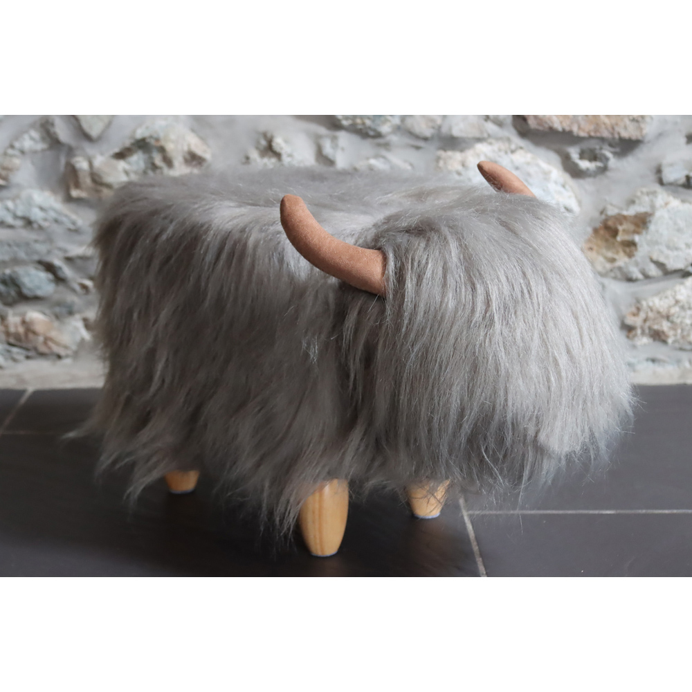 Gardeco Georgette The Highland Cow Pale Grey Synthetic Fur Footstool Image 6