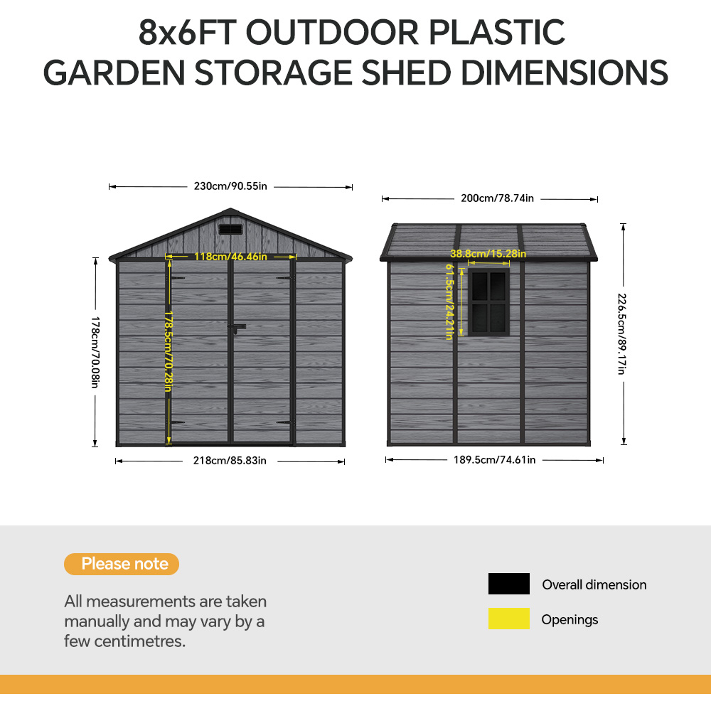 Living and Home 8 x 6ft Plastic Dark Grey Double Door Apex Garden Storage Shed Image 8