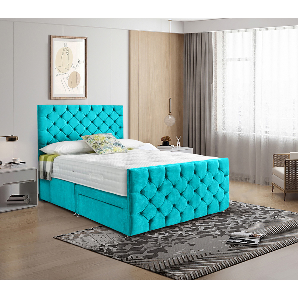 Eleganza Home Dreamscape Double Teal Plush Velvet Single Drawer Divan Bed with Headboard Image 2