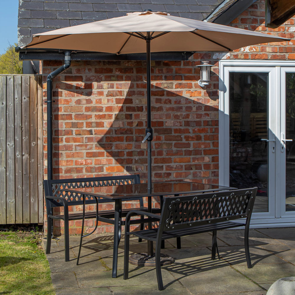 Samuel Alexander 4 Seater Garden Dining Table with Bench and Beige Havana Parasol and Base 2m Image 1