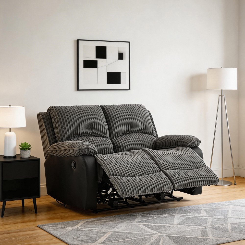 Furniture One 2 Seater Grey Sectional Corduroy Electric Recliner Sofa Image 6