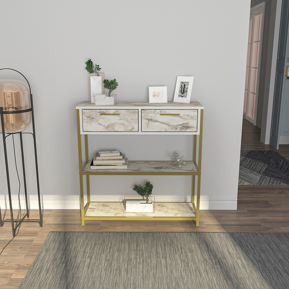 Decorotika Latho 2 Drawer and 2 Shelf White Marble Effect Sideboard Image 6