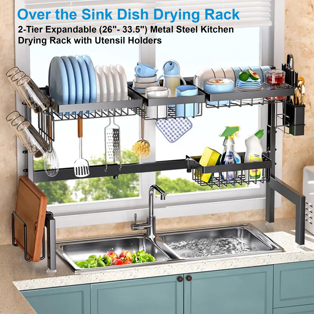 ATEK 2-Tier Black Adjustable Over Sink Kitchen Dish Drying Rack Image 4