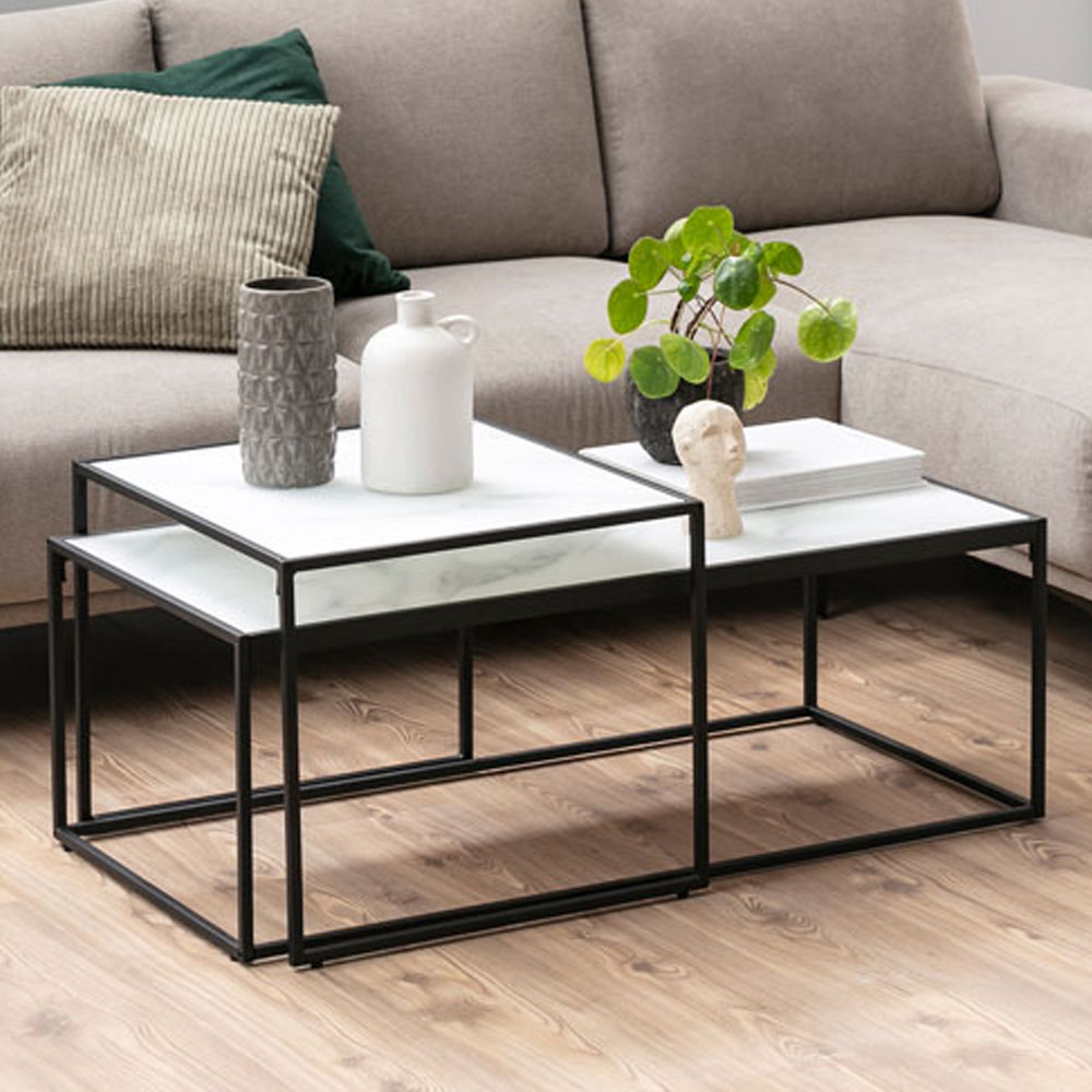 Florence Bolton White Marble Torino Glass and Black Coffee Table Set Image 1