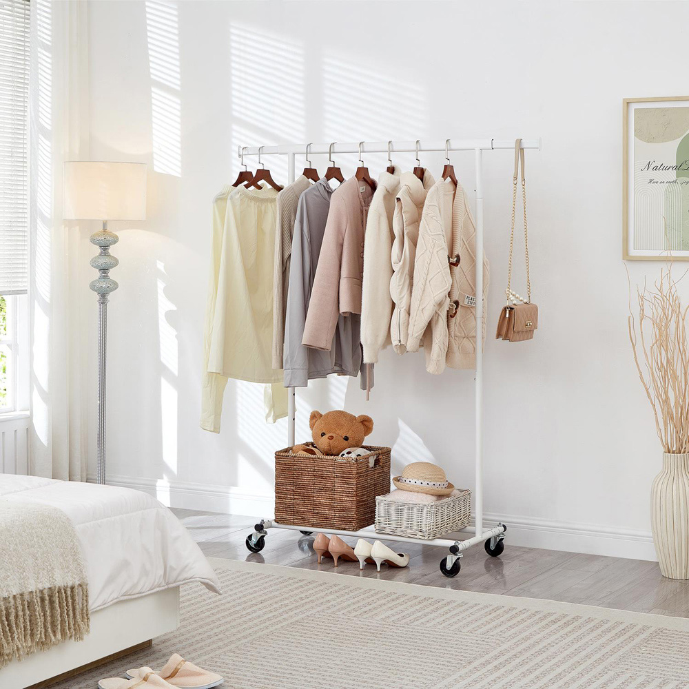 House Of Home Single Shelf White Heavy-Duty Adjustable Rolling Clothes Rail Image 3